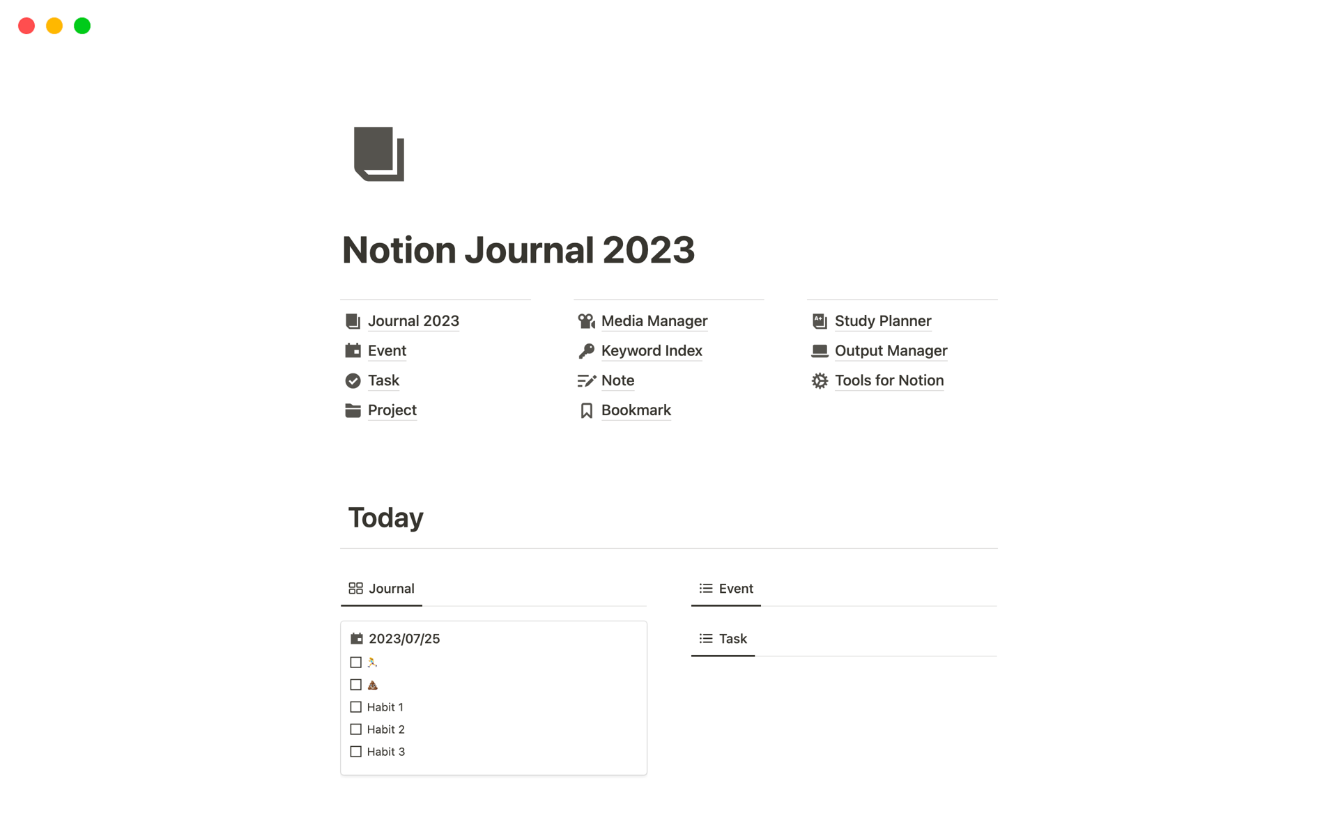 Notion Journal 2023 Templateのテンプレートのプレビュー